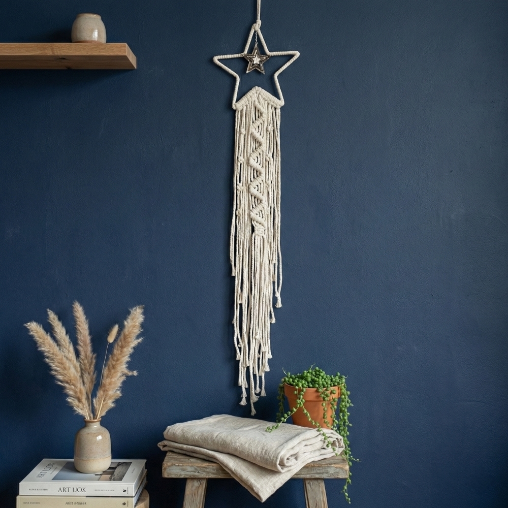 Celestial Macramรฉ Star Wall Hanging 38โ Cream Silver Charm Whimsigoth Decor - Picture 6 of 14